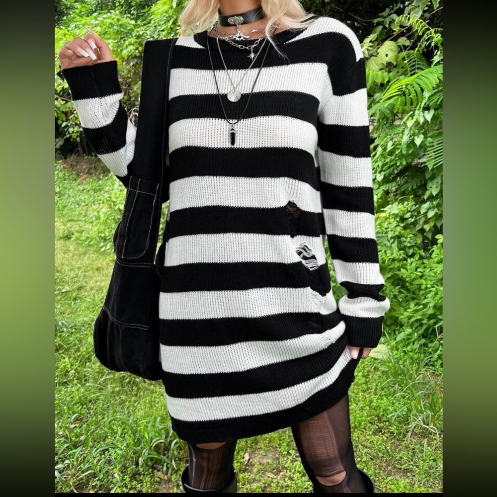 ROMWE PUNK Grunge Stripe Pattern Ripped Drop Shoulder Sweater Dress Size L